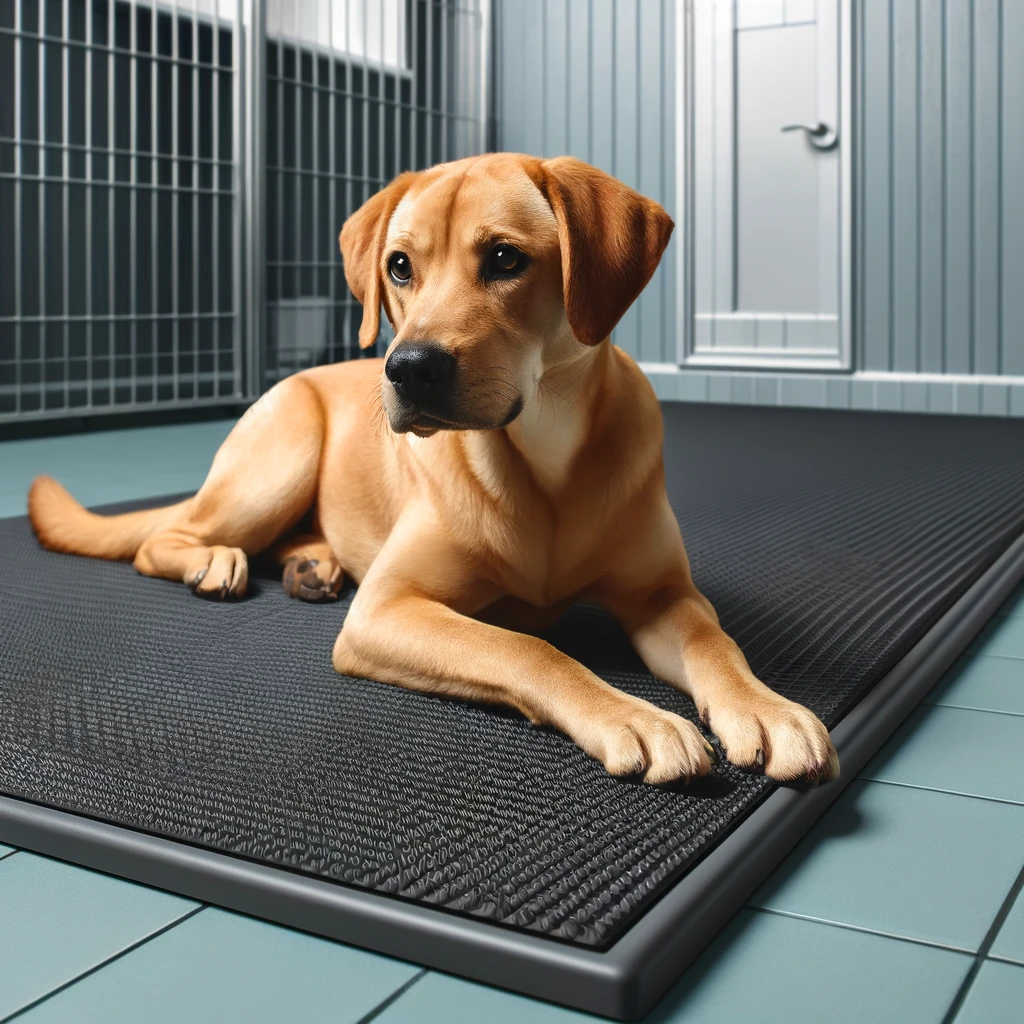 Representação de cachorro usando estrado de borracha para descansar